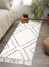 Boho Bathroom Runner Rug 2  X 4.3  , Washable Woven Cotton Diamond Area Rug,Bl...