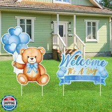 2Pcs Baby Shower Yard Sign with Stake Gender Reveal Yard Sign Blue Bear Lawn ...