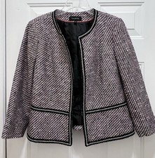 Talbots Grosgrain Trim Tweed Jacket Blazer Women's 10 Black Pink Work or Play