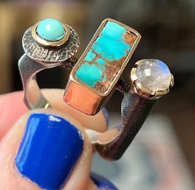 WOW! Artisan Turquoise Moonstone Sterling Silver Modernist Abstract Square Ring