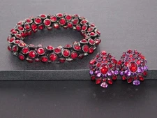 Chunky Red Rhinestone Pave Stretch Bracelet & Pierced Earrings Set