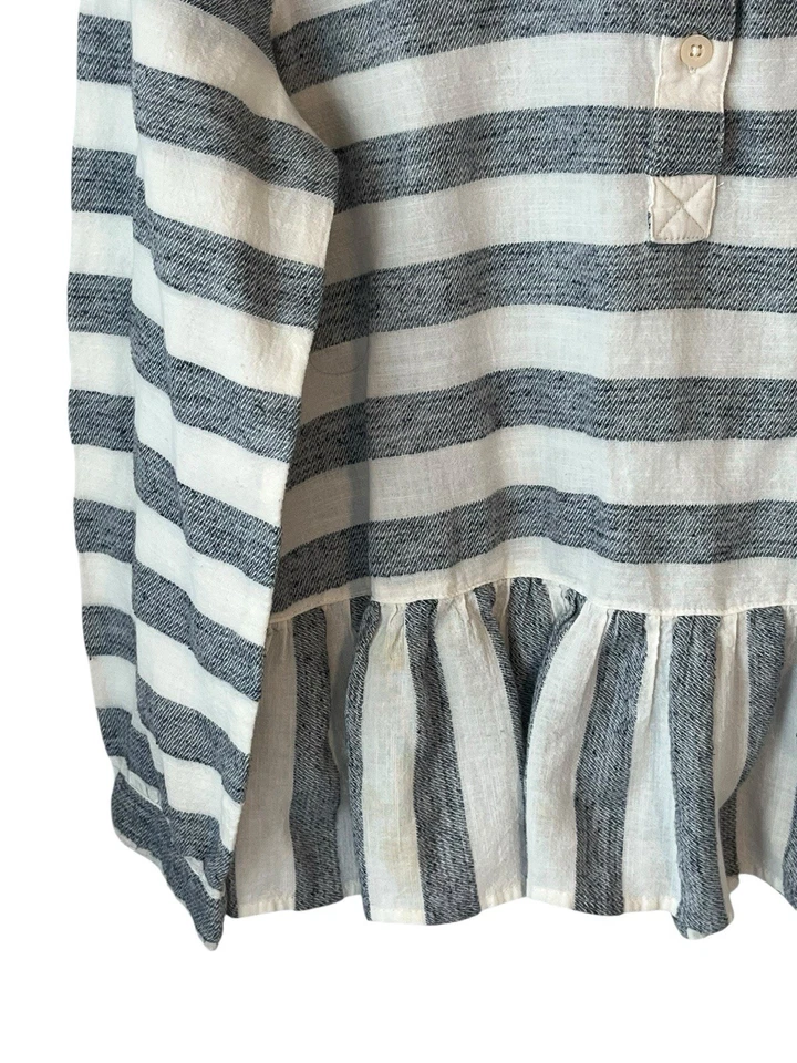 Top Lucky Brand Mujer Pequeño Gris Blanco Rayas Manga Larga Peplum Botón Frontal Foto 4 de 4