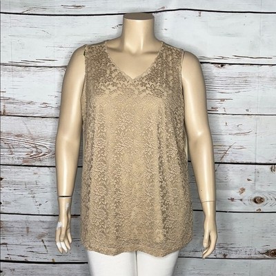 Susan Graver Essentials Size 3X Tan - Floral Lace Overlay V-Neck Tank Top Blouse