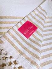 NEW Lilly Pulitzer Throw Blanket Fringe Cotton Throw White & Gold Stripe 72"