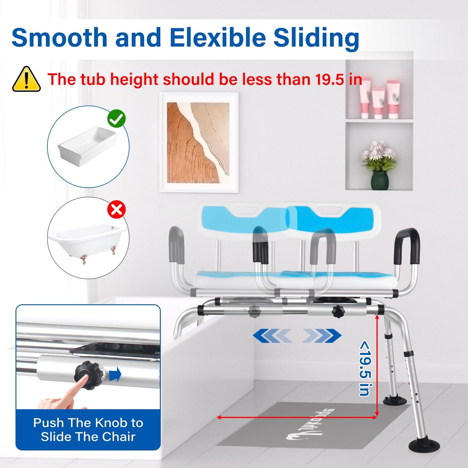 Sliding Shower Chair,Height Adjustable Tub Transfer Bench,360° Shower Swive