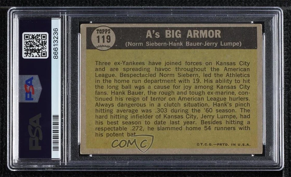 PSA/DNA 1961 Topps Norm Siebern Hank Bauer Jerry Lumpe Certified Authentic Auto - Image 2 of 2