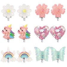 6Pairs Crystal Unicorn Clip On Earrings for Little Girls, Rainbow Clip-on Jewelr