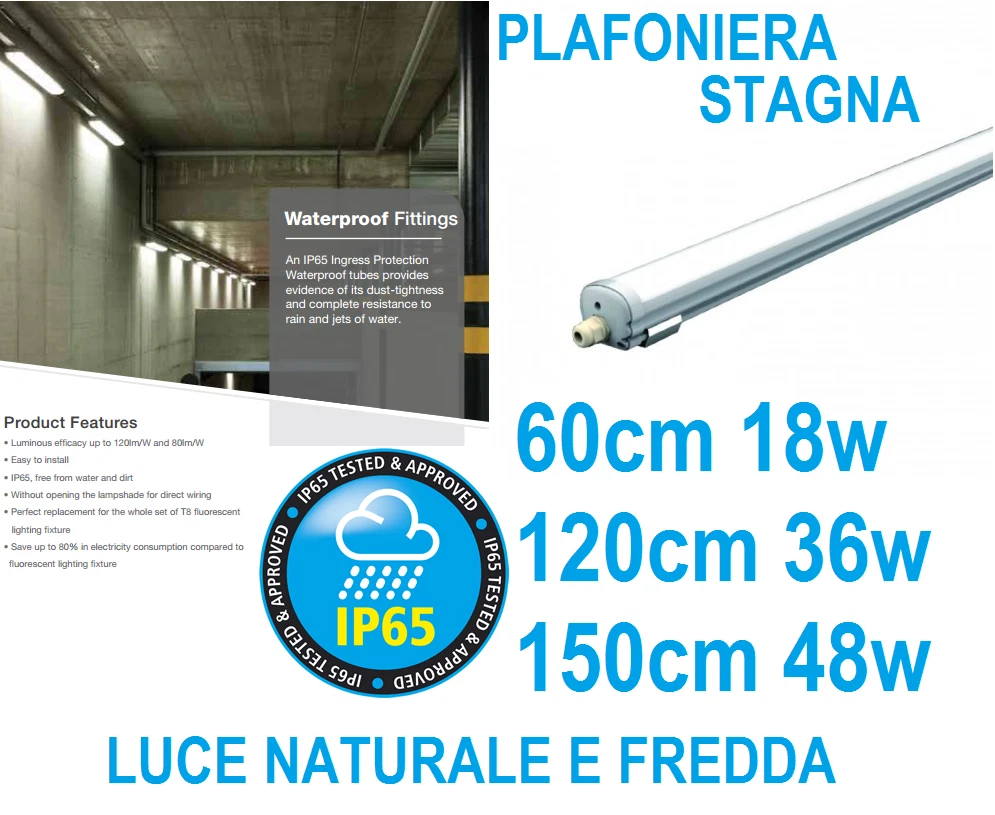 Life Plafoniera Stagna IP65 Per Doppio Tubo LED G13 – 2 X 60 Cm, Corpo Impermeabile, Neon Non Inclusi