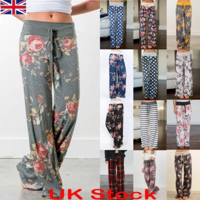 UK Boho Women Wide Leg Long Loose Pants Soft Yoga Lounge Sports Palazzo Trousers