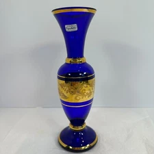 Cobalt Blue Bohemia Glass Etched Dragon Gold Band Vase Crystalex Czech Republic