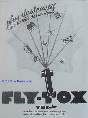 FLY TOX INSECTICIDE INSECTICIDE INSECT WEB SPIDER MOSQUITO AD 1929 FRENCH AD