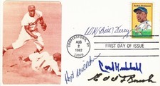 Bill Terry, Carl Hubbell, Edd Roush Signed 1982 Jackie Robinson FDC Envelope