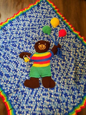 Hand Crafted Crochet 3D Teddy Bear with balloon Afghan Baby Blanket 52