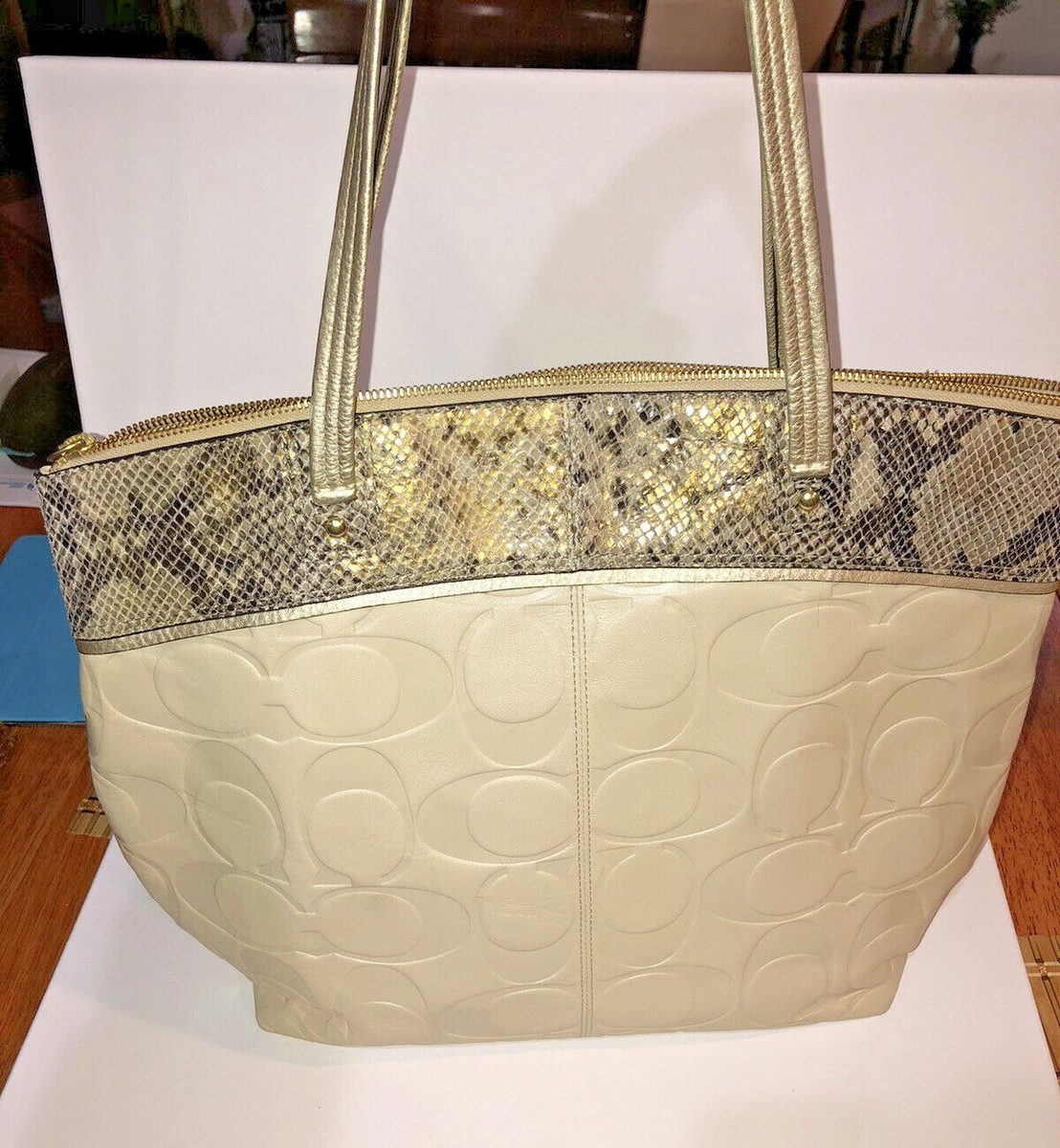 coach beige leather snakeskin emboss large tote women's handbag