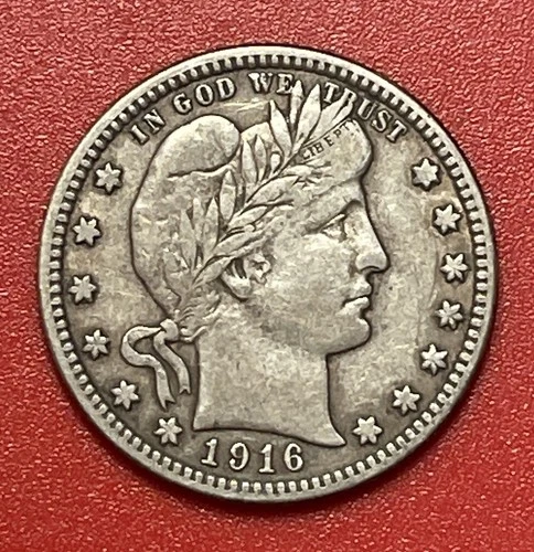 1916 D Barber Silver Quarter, VF+.