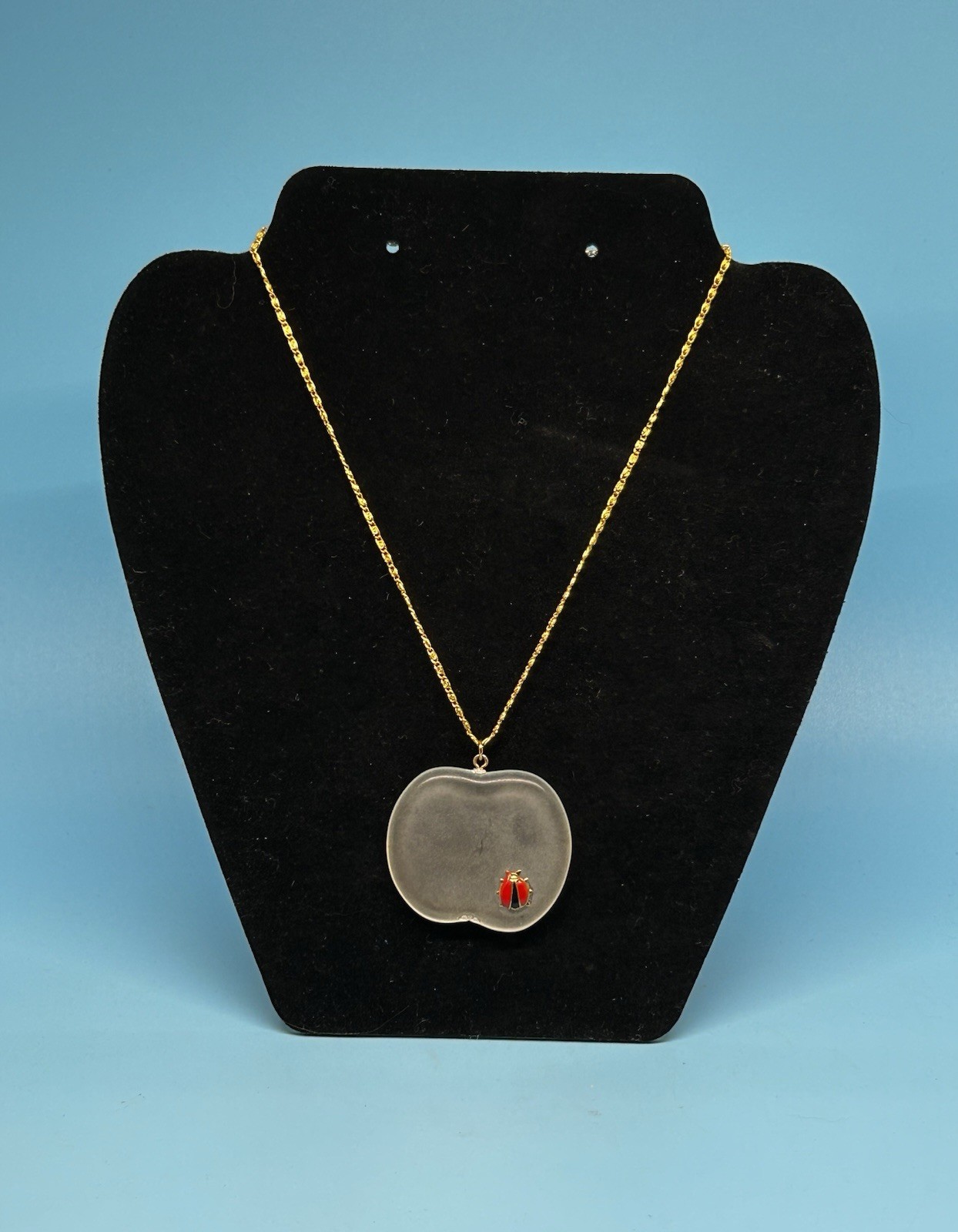 Vintage Necklace Clear Apple With Enamel Lady Bug Gold Tone Chain Teachers Gift