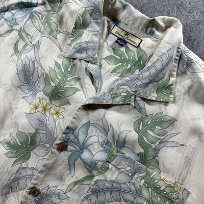 Tommy Bahama Shirt Mens XL Cream Silk Floral Monstera Leaf Tropical Hawaiian