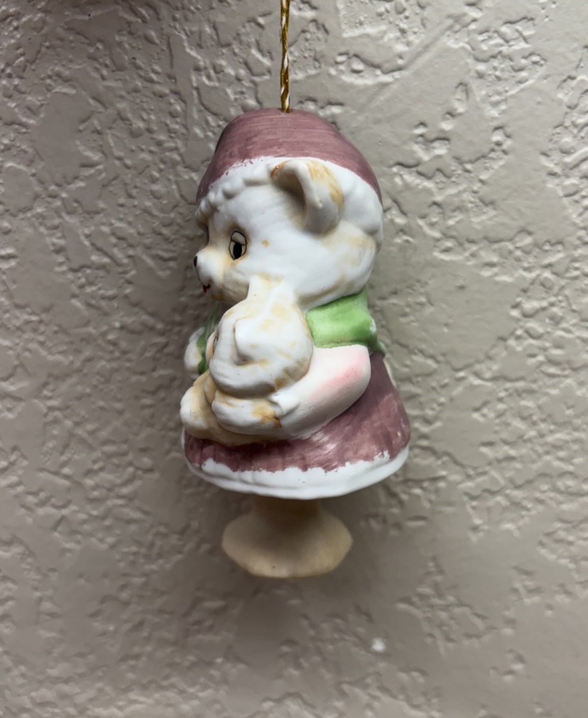 Vintage Jasco Caring Critter Bell Cat Christmas Ornament 1980s Bisque Porcelain