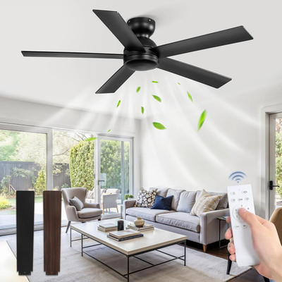 48 Inch Flush Mount Ceiling Fan No Light, Black Ceiling Fan with Remote, 6-Speed
