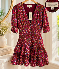 francesca's Burgundy Floral V-Neck Button Front Puff Sleeve Mini Dress M