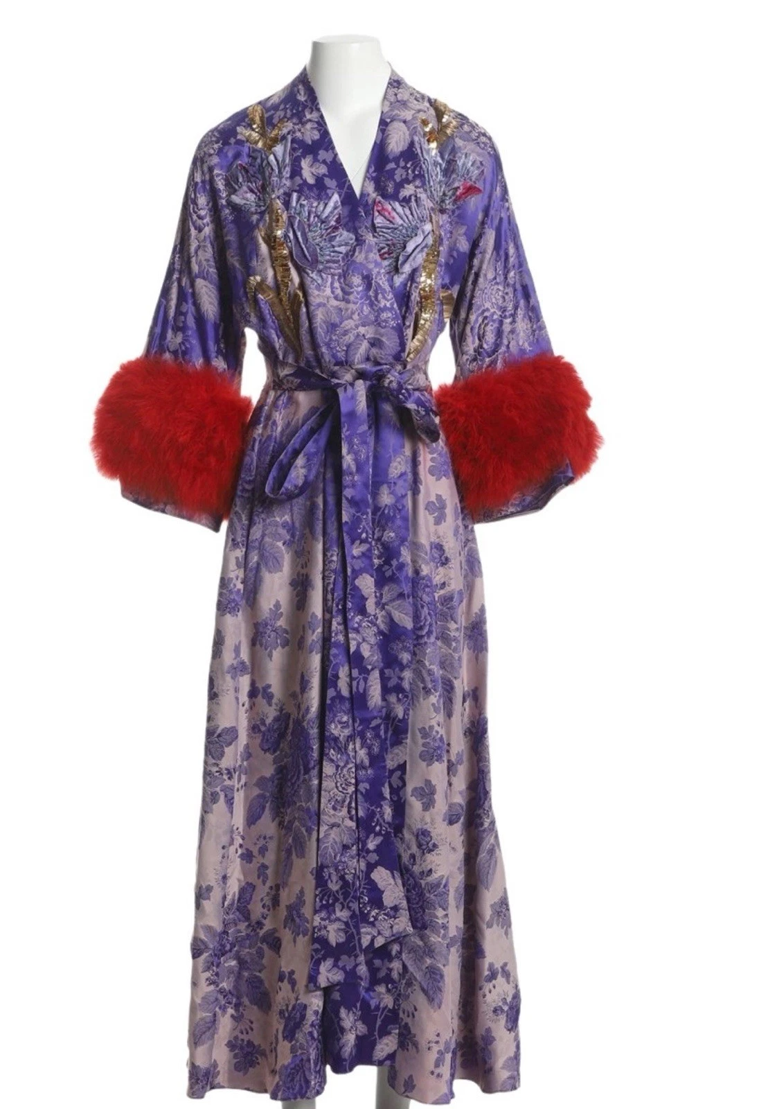 ROBE MAXI GUCCI FLEURIE JACQUARD AVEC PLUMES D'AUTRUCHE IT 42 UK 10 US 6 M