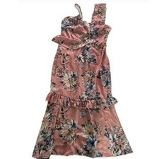 Vone Dress Womens 2 Pink Floral Yuli Ruffle Midi Asymmetrical Hem Garden Party