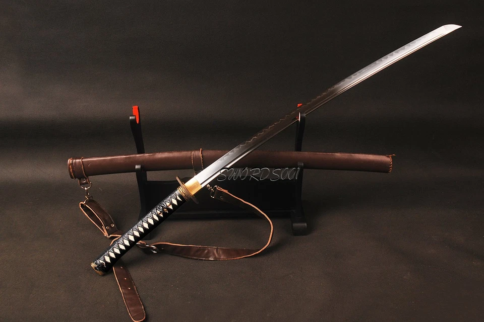 手工粘土钢化 T10 钢制日本 Katana Sharp 剑皮革鞘 — 第 4/4 张图片