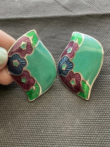 Signed Berebi cloisonné enamel floral Earrings Vintage Estate Costume Jewelry