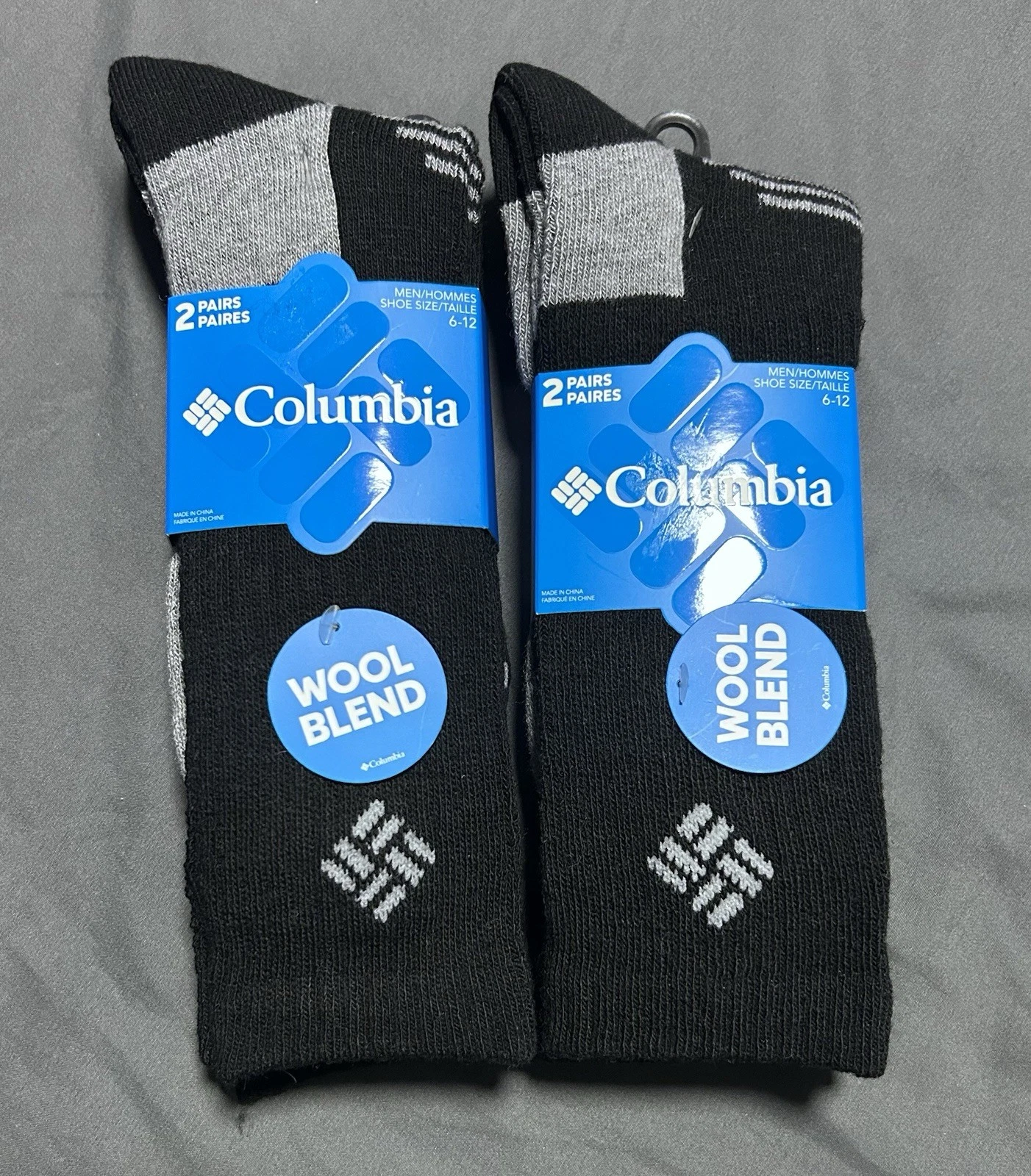 2 X 2 Pair Columbia Thermal Crew Wool Socks Shoe Size 6-12, Black