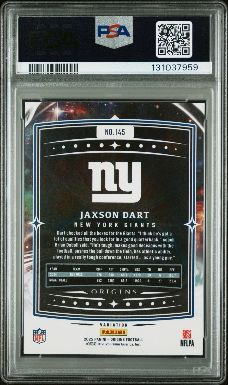 Panini 2025 Origins Jaxson Dart RC Rookie Variations #145 PSA 10 view 3