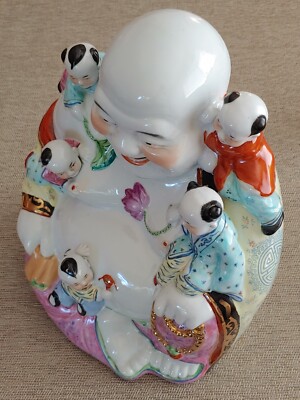五子登科弥勒佛像粉彩瓷塑Vintage Chinese Famille Rose Porcelain