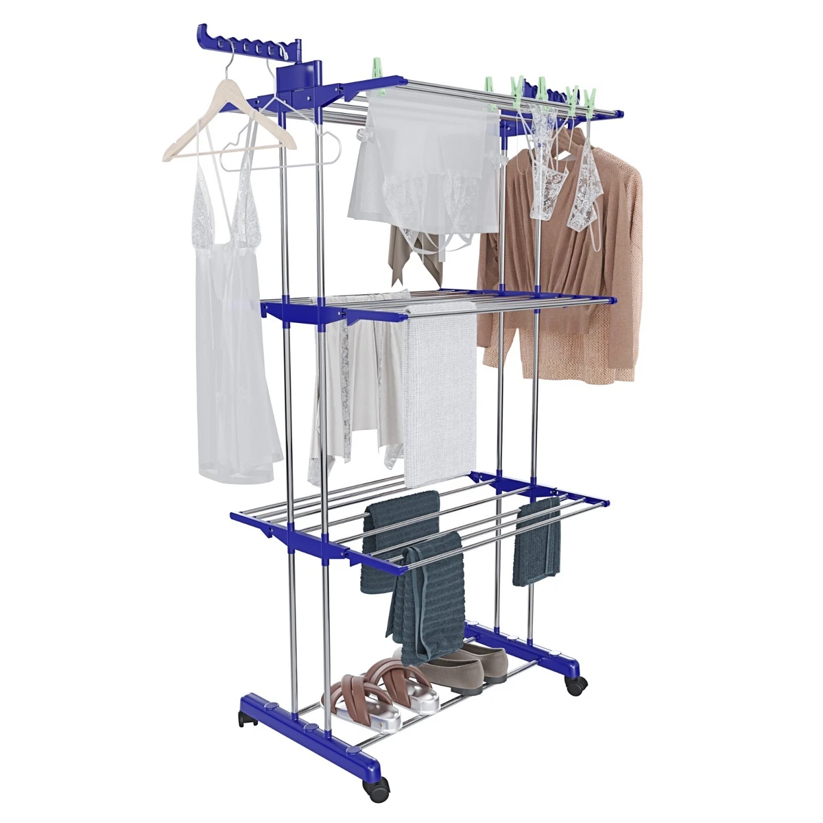 Stendibiancheria Da Viaggio Antivento – Corda Elastica 1,8-3,4m, 12 Clip In Metallo, Blu - 2
