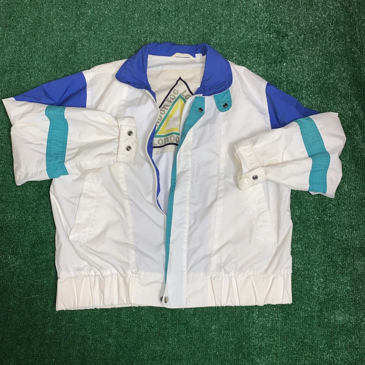 Vintage 80s London Fog Zip Up Jacket White Blue Teal Mens Adult Medium