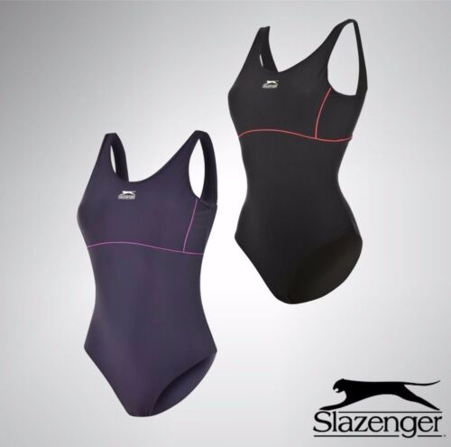 Womens Ladies Slazenger Basic Swimsuit Swimming Piped Trim Costume Sizes 6-22 - Picture 1 of 16