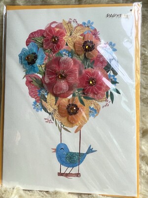 Papyrus Mother's Day Card Bird on Swing Floral Bouquet 3D Vellum Glitter Flowers