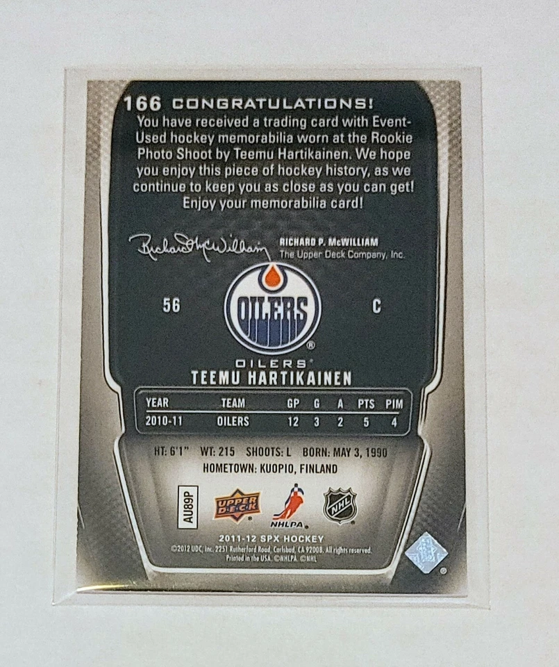 2011-12 Upper Deck SPX Hockey Rookie Jersey Teemu Hartikainen 166 Oilers 575/799 - Image 2 of 2