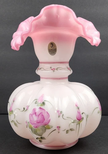 Fenton Rosalene Glass Messenger Melon Vase Painted By Marilyn Wagner 1997 #2603