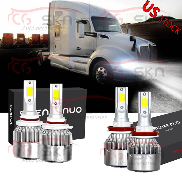 4pc 9005 + H11 LED Headlight Bulb High Low Beam For Kenworth T680 T880