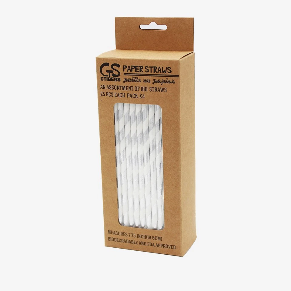 Pajitas de papel metálicas plateadas a rayas para fiesta de boda de San Valentín  Foto 3 de 4