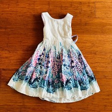 Origami Floral Purple Blue White Fit  Flare Ribbon Size 3 Button Up Dress EUC