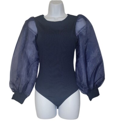 T.C.E.C Women Solid Navy Blue Longsleeved Round Neck Bodysuit Size Small NWOT 