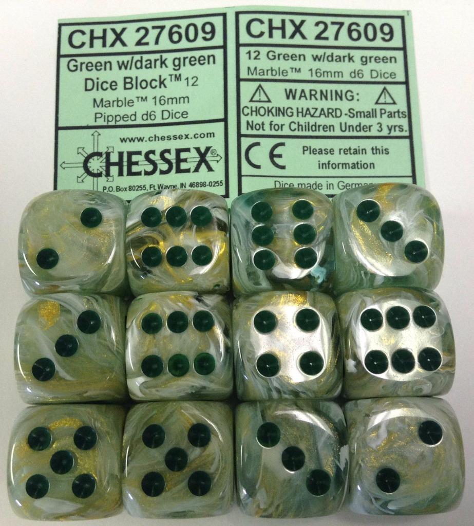 Chessex Dice d6 Set 16mm Marble Green Swirl/ Dark Green 6 Sided