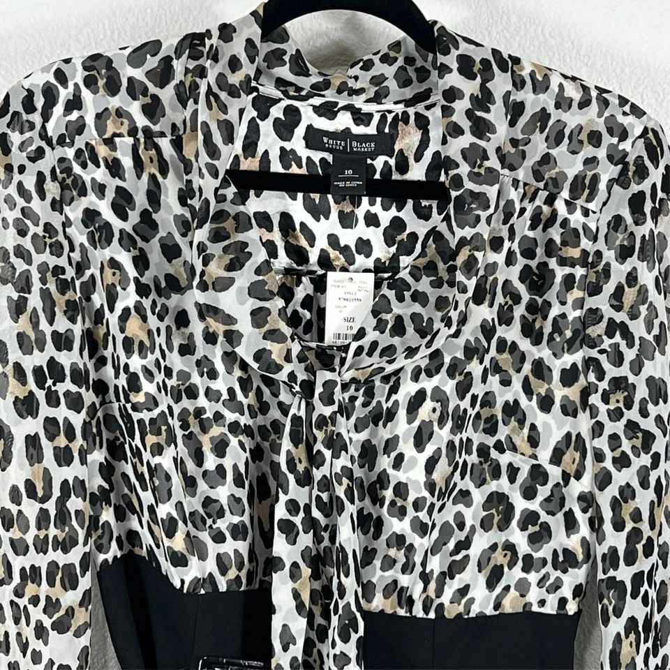 White House Black Market Fitted Dress Women's 10 Leopard Black Lined With Belt - Image 2 of 4