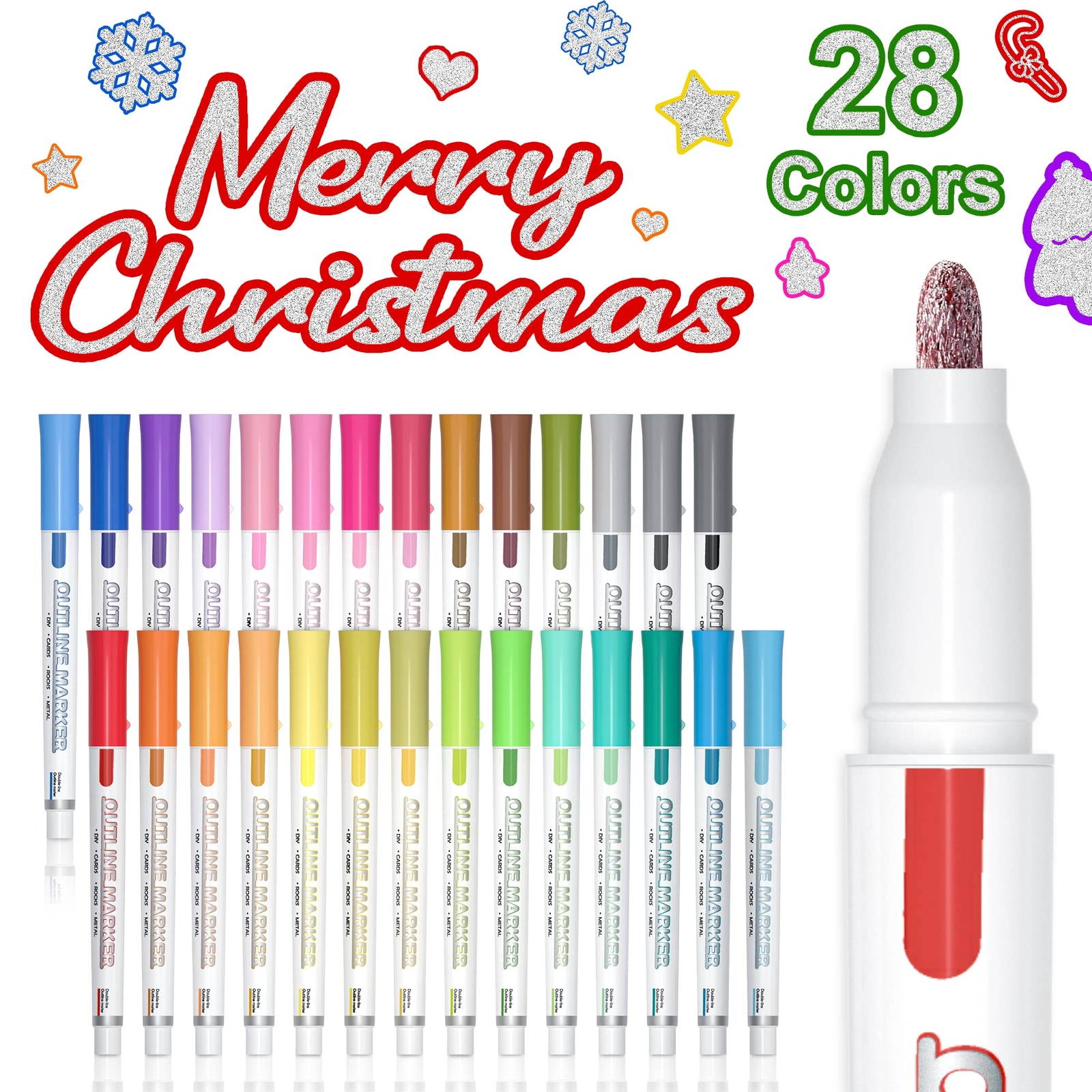 Double Line Outline Markers, 28 Colors Squiggles Shimmer Markers Set, Self Ou...
