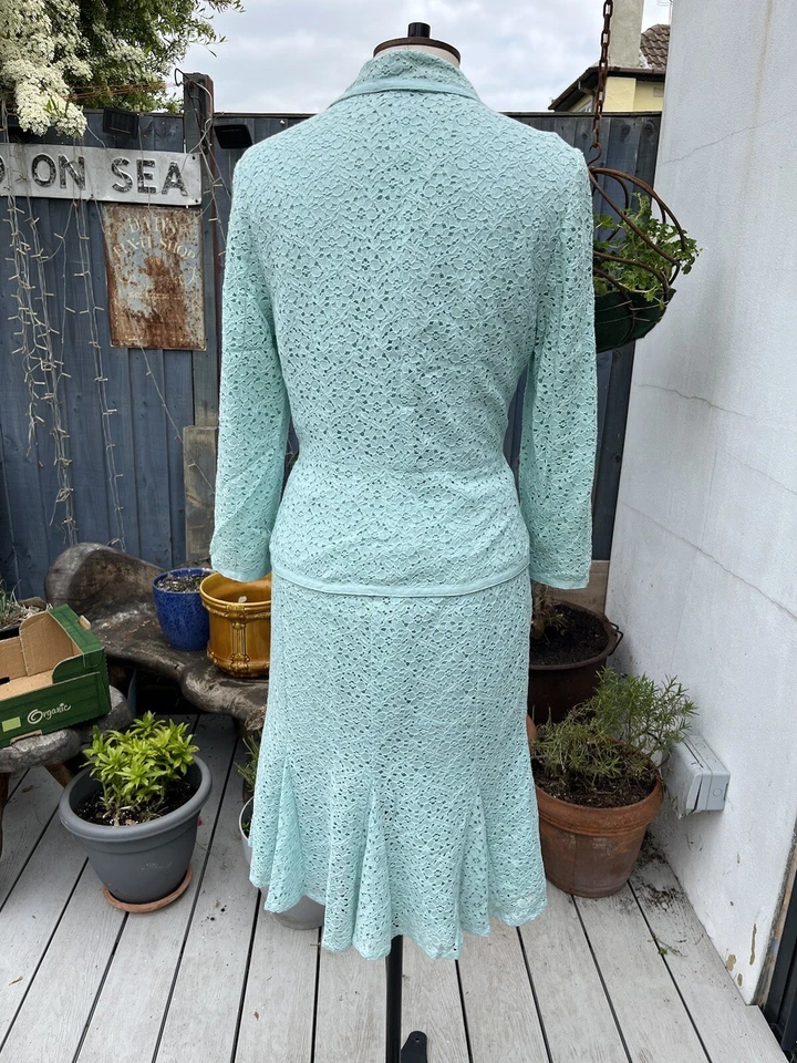 JONES WEAR MEZCLA ALGODÓN ENCAJE 2 PIEZAS FALDA TRAJE TALLA 12 BLAZER AJUSTADO AZUL MENTA Foto 3 de 4