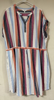 Time & Tru Linen Blend Mini Dress (22) Striped Short Sleeve Drawstring pullover