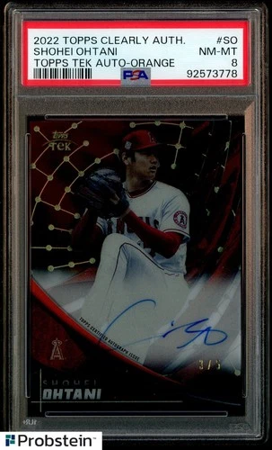 2022 Topps Clearly Topps Tek Orange Shohei Ohtani Angels ON CARD AUTO /5 PSA 8