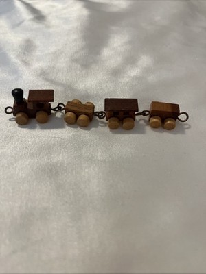 Tiny Vtg Dollhouse Miniature Handcrafted Wooden Toy Train Brass Wheels EUC.  oo2