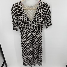 Boden Black White Geometric Lattice V-Neck Ruched Short Sleeve Dress US 8L