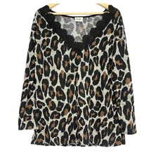 Bibi Boutique Leopard Print Top Made in USA Womens L Scalloped Lace Neckline